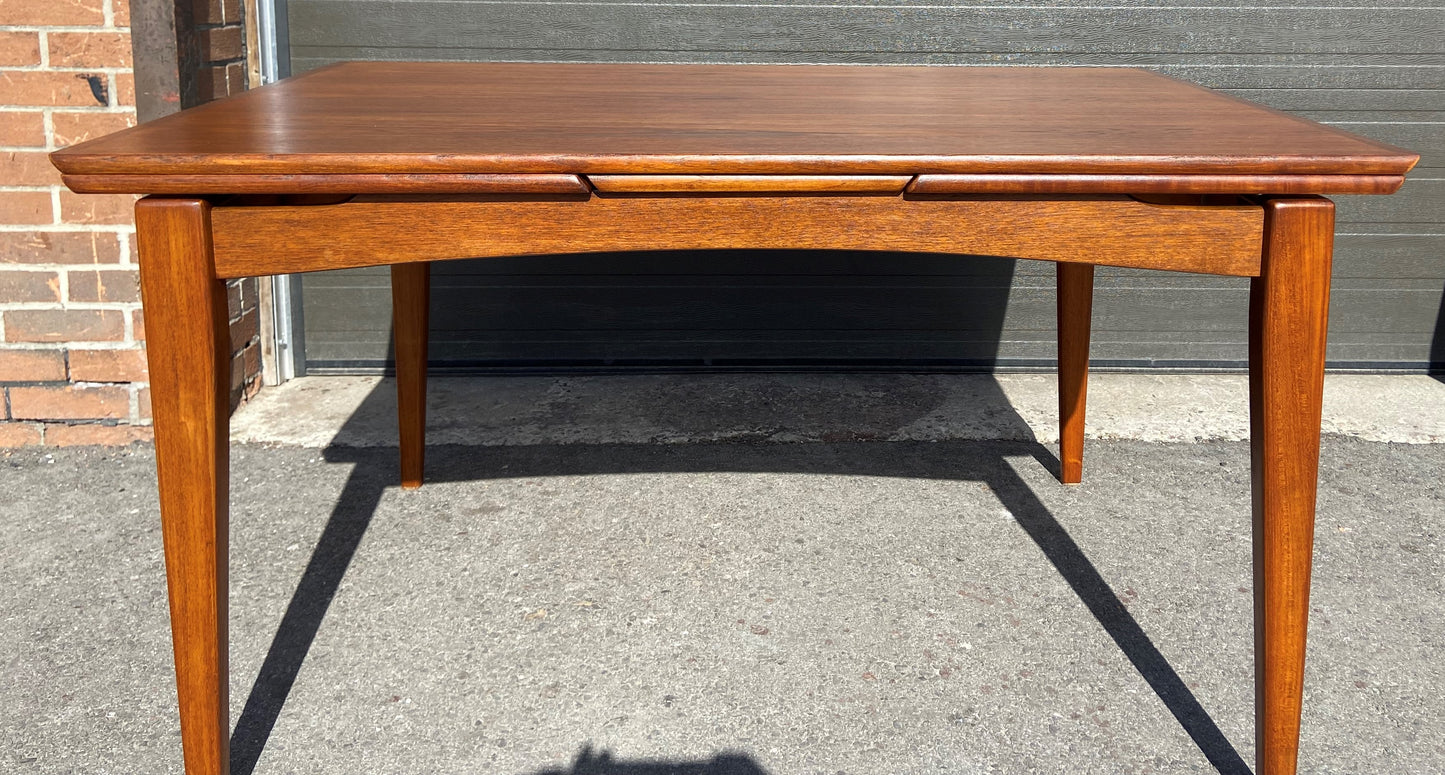 REFINISHED Danish Mid Century Modern Teak Table Draw Leaf, 52"-90"