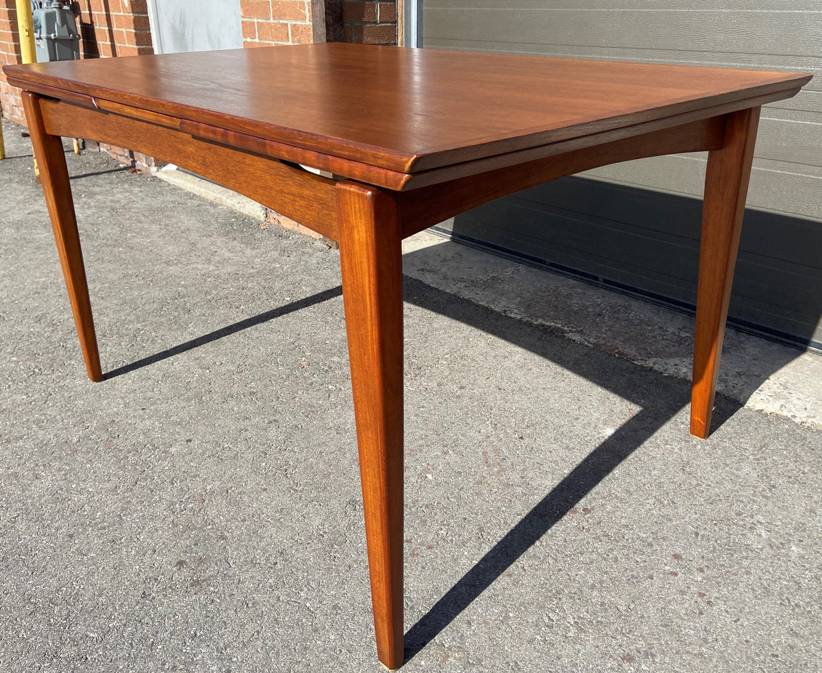 REFINISHED Danish Mid Century Modern Teak Table Draw Leaf, Floating Look 52