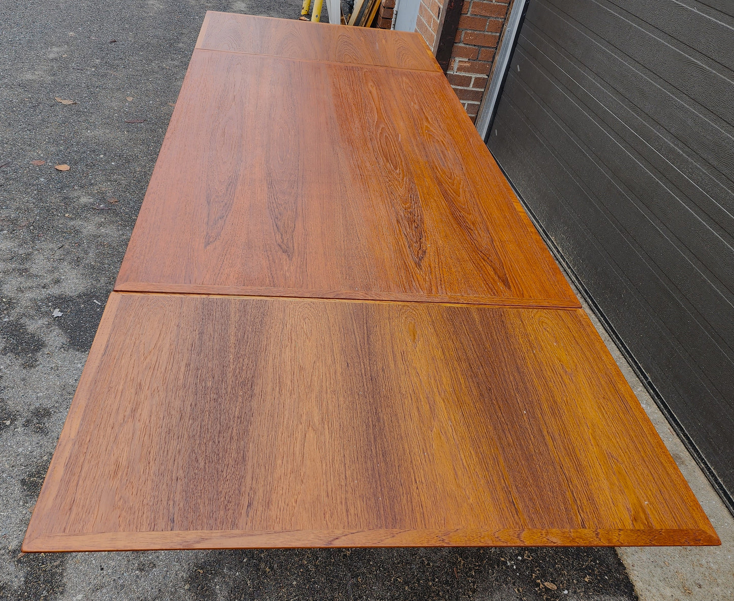 REFINISHED Danish Mid Century Modern Teak Table Draw Leaf, Floating Look 52"-91"