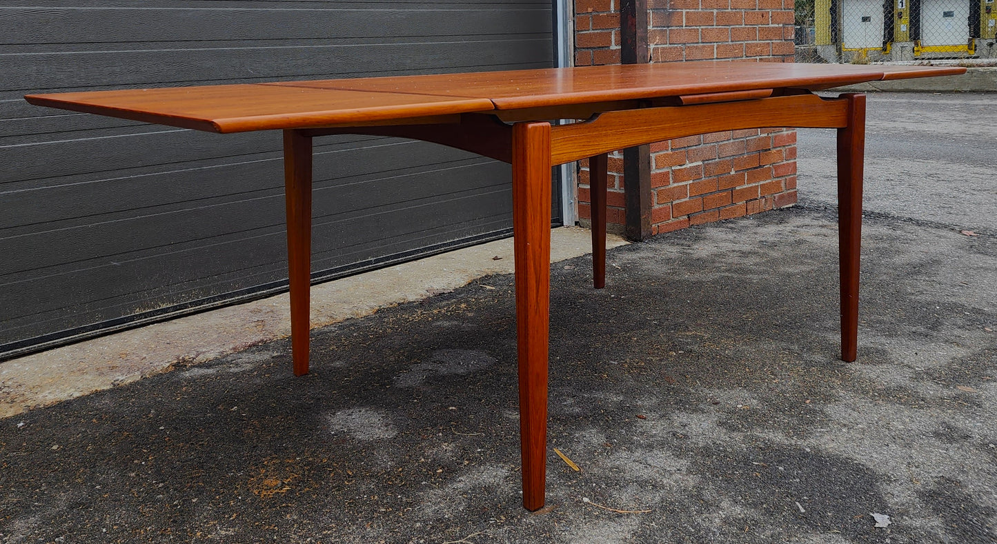 REFINISHED Danish Mid Century Modern Teak Table Draw Leaf, Floating Look 52"-91"