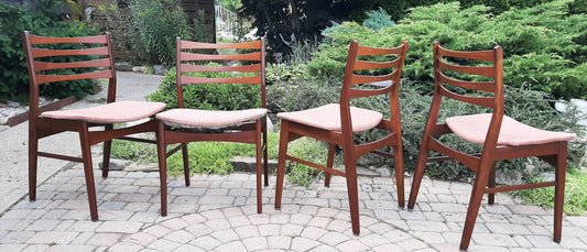4 REFINISHED REUPHOLSTERED Danish Mid Century Modern Teak Chairs Ladder Back