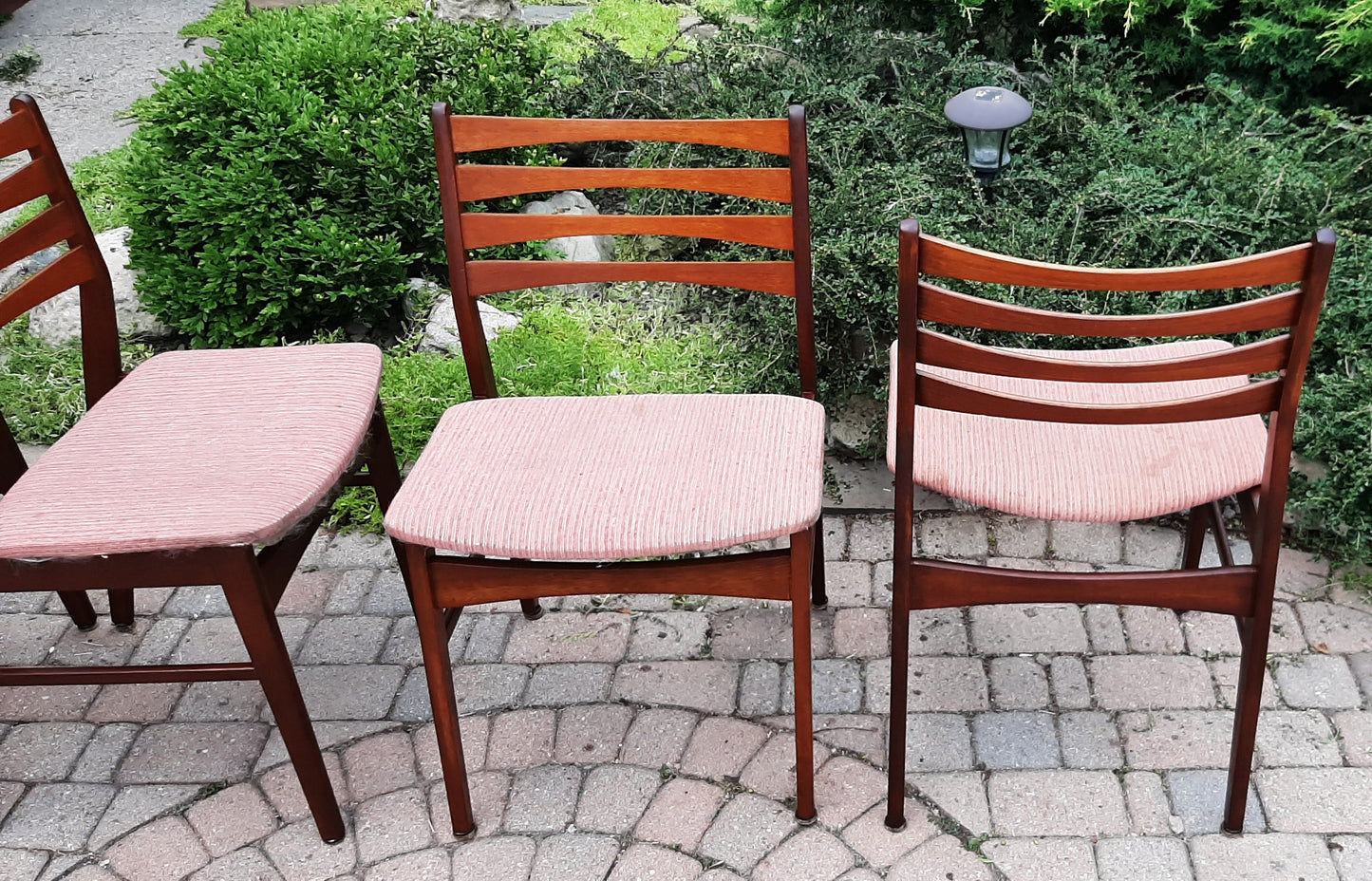 4 REFINISHED REUPHOLSTERED Danish Mid Century Modern Teak Chairs Ladder Back