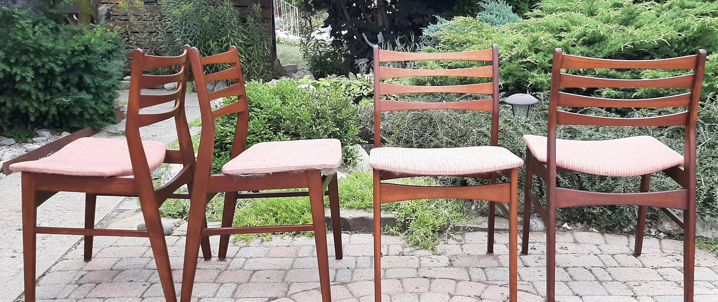 4 REFINISHED REUPHOLSTERED Danish Mid Century Modern Teak Chairs Ladder Back