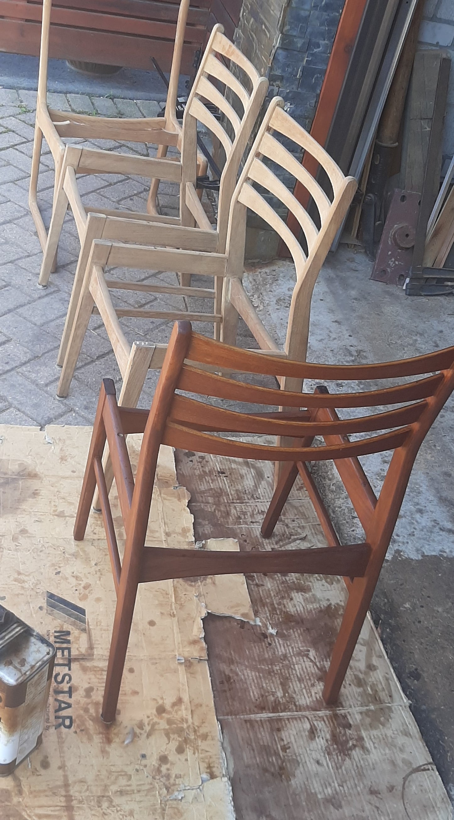 4 REFINISHED REUPHOLSTERED Danish Mid Century Modern Teak Chairs Ladder Back