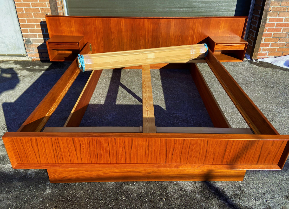 REFINISHED Danish MCM Teak Bed Queen w Floating Nightstands by Falster, PERFECT