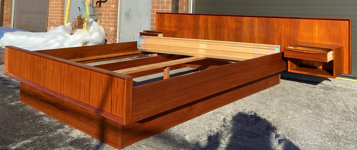 REFINISHED Danish MCM Teak Bed Queen w Floating Nightstands by Falster, PERFECT