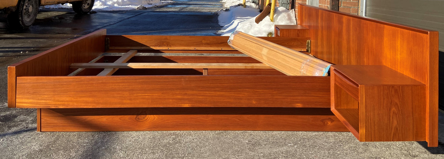 REFINISHED Danish MCM Teak Bed Queen w Floating Nightstands by Falster, PERFECT
