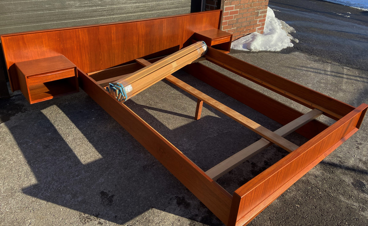 REFINISHED Danish MCM Teak Bed Queen w Floating Nightstands by Falster, PERFECT