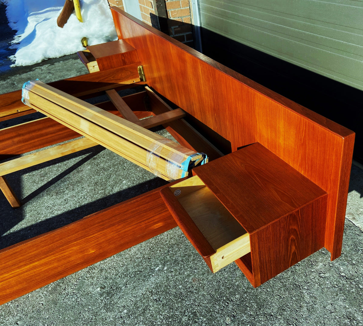 REFINISHED Danish MCM Teak Bed Queen w Floating Nightstands by Falster, PERFECT