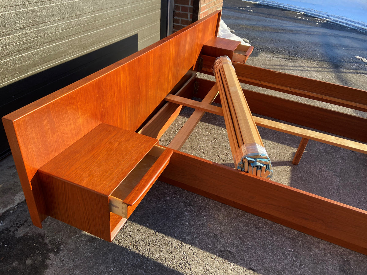 REFINISHED Danish MCM Teak Bed Queen w Floating Nightstands by Falster, PERFECT