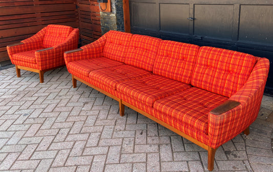 REFINISHED Danish MCM Teak Sofa 4-Seater and Lounge Chair in orange wool fabric