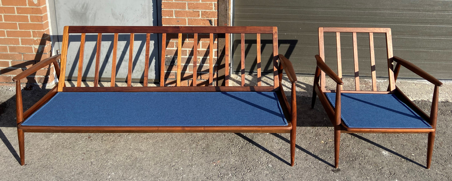 REFINISHED Danish MCM 3-Seater Sofa & Lounge Chair, w NEW CUSHIONS in navy Maharam