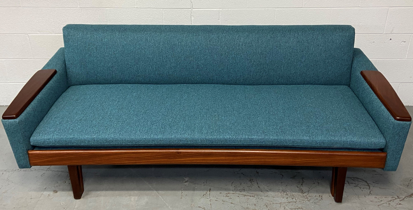 REFINISHED REUPHOLSTERED in Green Teal Mid Century Modern Teak Sofa 78" & Lounge Chair