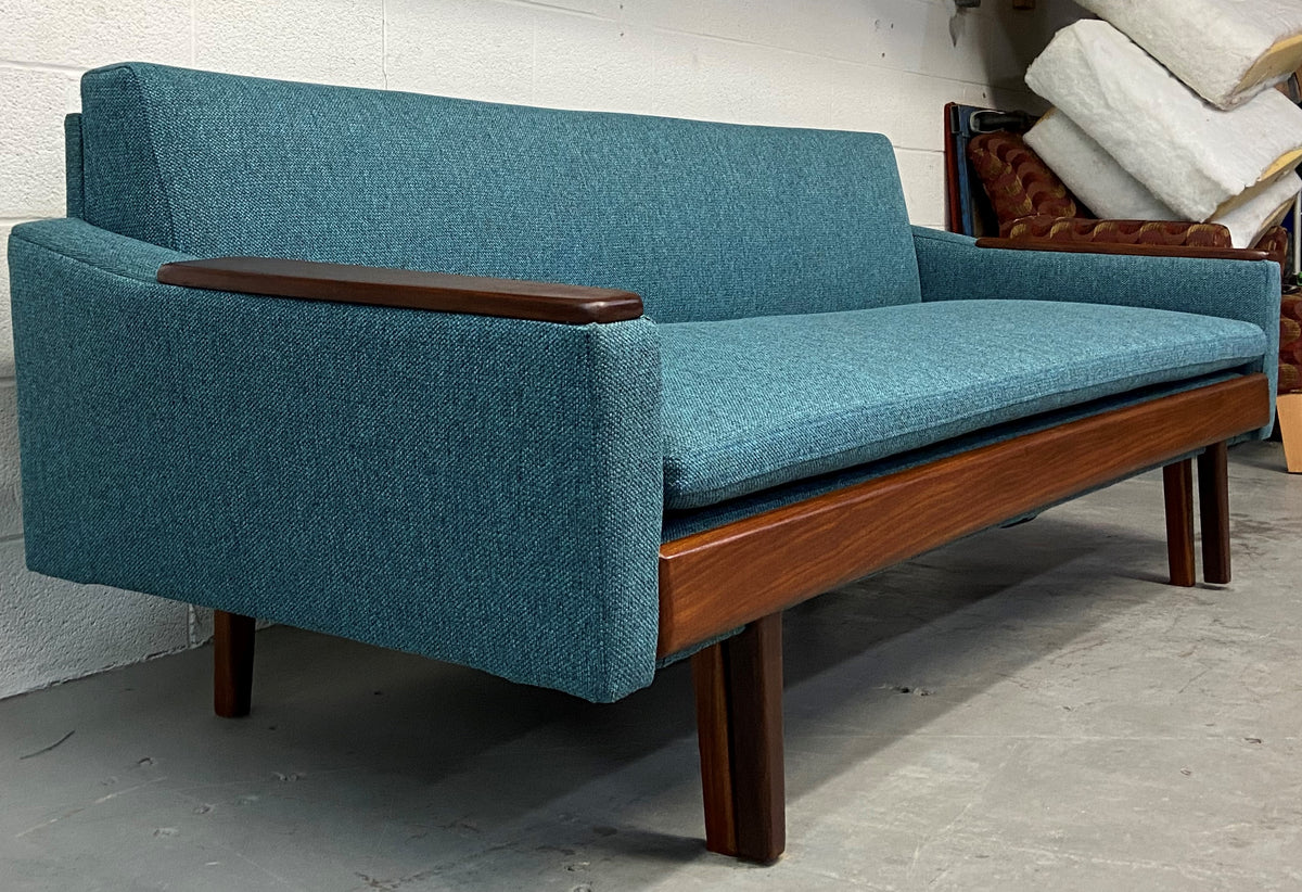 REFINISHED REUPHOLSTERED Danish MCM Teak Sofa - Bed, PERFECT