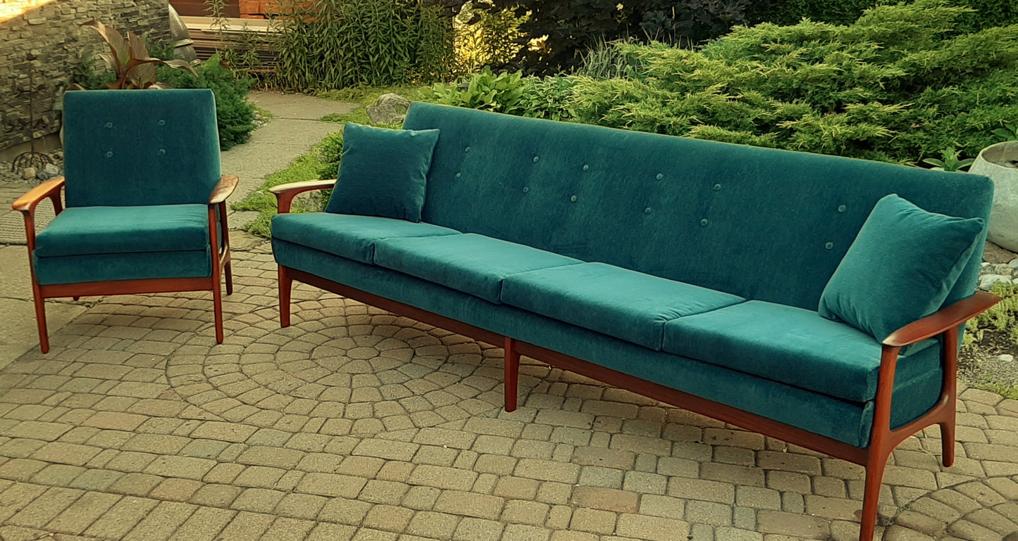 REFINISHED REUPHOLSTERED Danish MCM Teak 4-Seater Sofa & Lounge chair in teal performance fabric - PERFECT