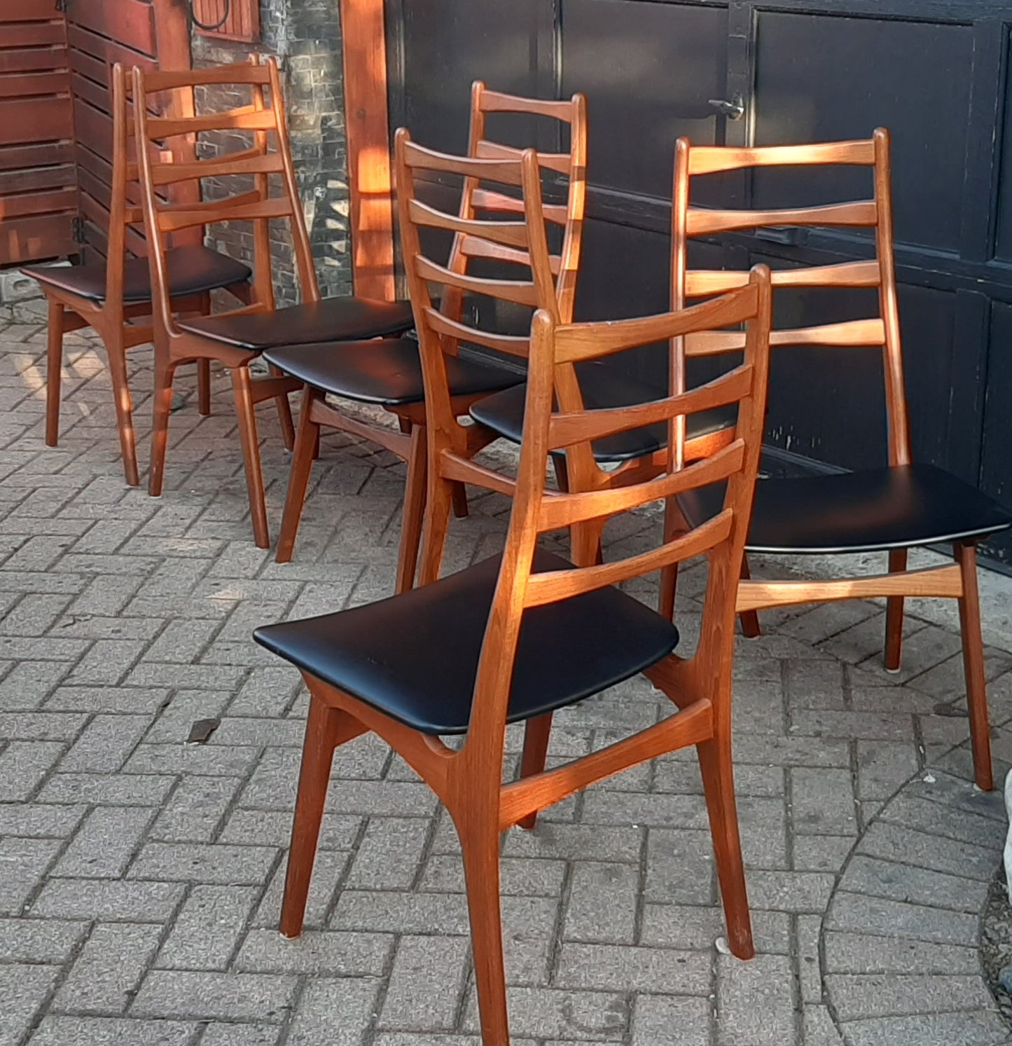 6 Danish Mid Century Modern Ladder- Back Solid Teak Chairs, Restored, Perfect