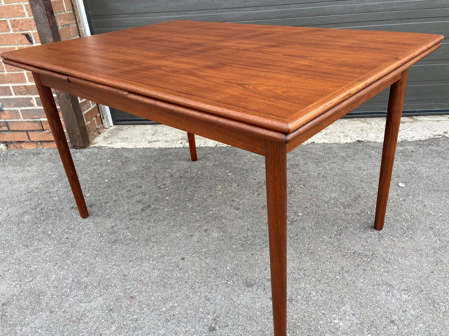 REFINISHED Danish Mid Century Modern Teak Table Draw Leaf, 48"- 85" Perfect