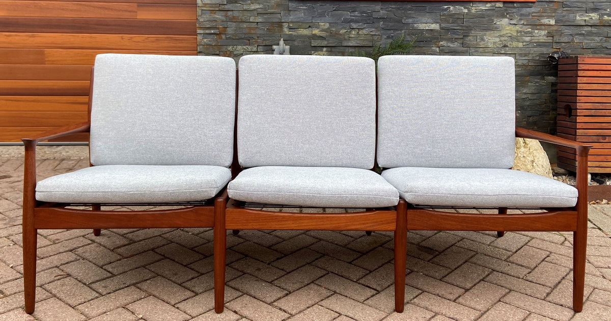 REFINISHED Danish MCM Teak 3-Seater Sofa by Grete Jalk, NEW CUSHIONS IN MAHARAM, Perfect