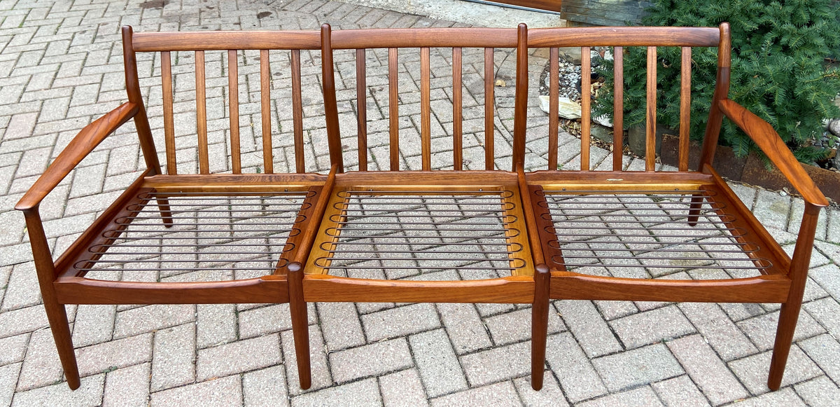 REFINISHED Danish MCM Teak 3-Seater Sofa by Grete Jalk, NEW CUSHIONS IN MAHARAM, Perfect
