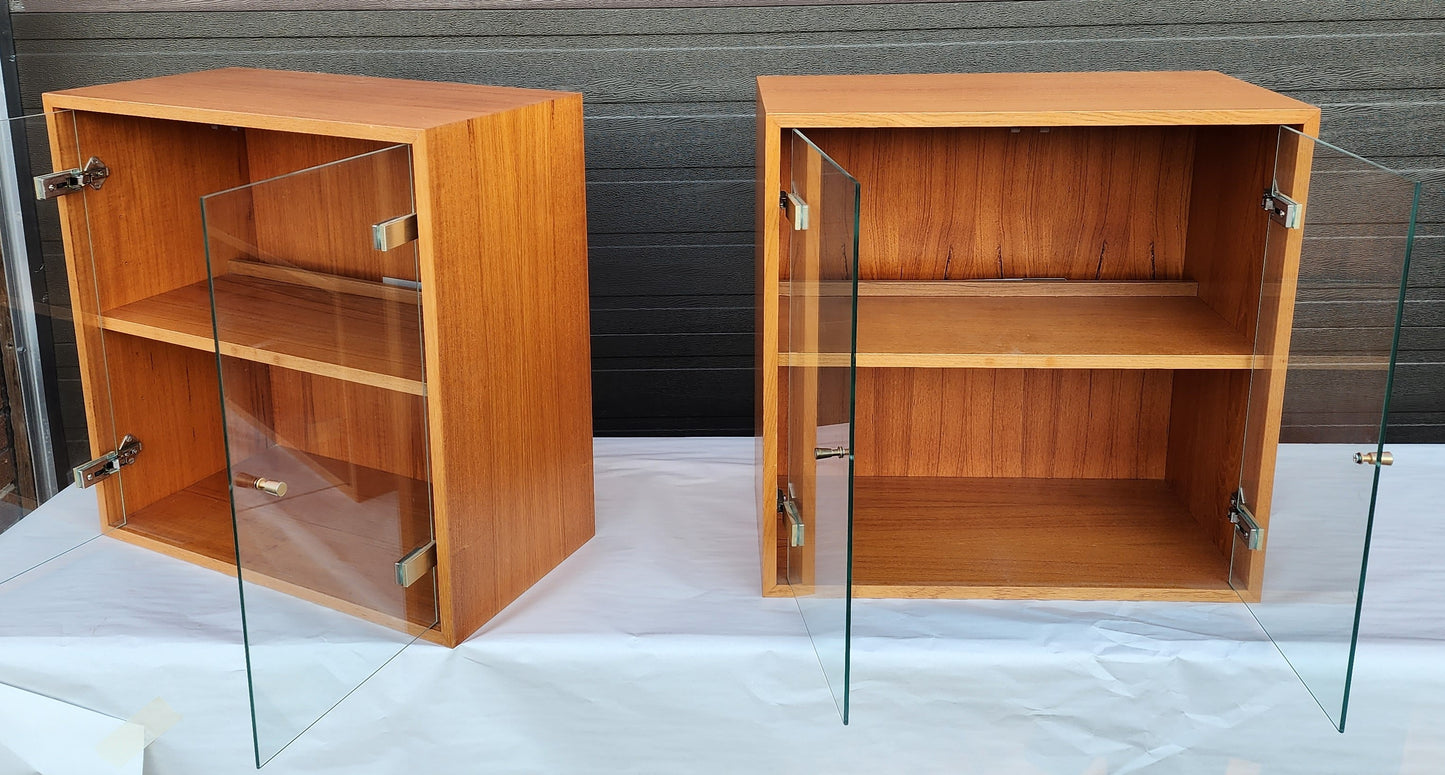 Danish Mid Century Modern Teak Cabinets w Glass Doors & Lighting, Floating, 2 available
