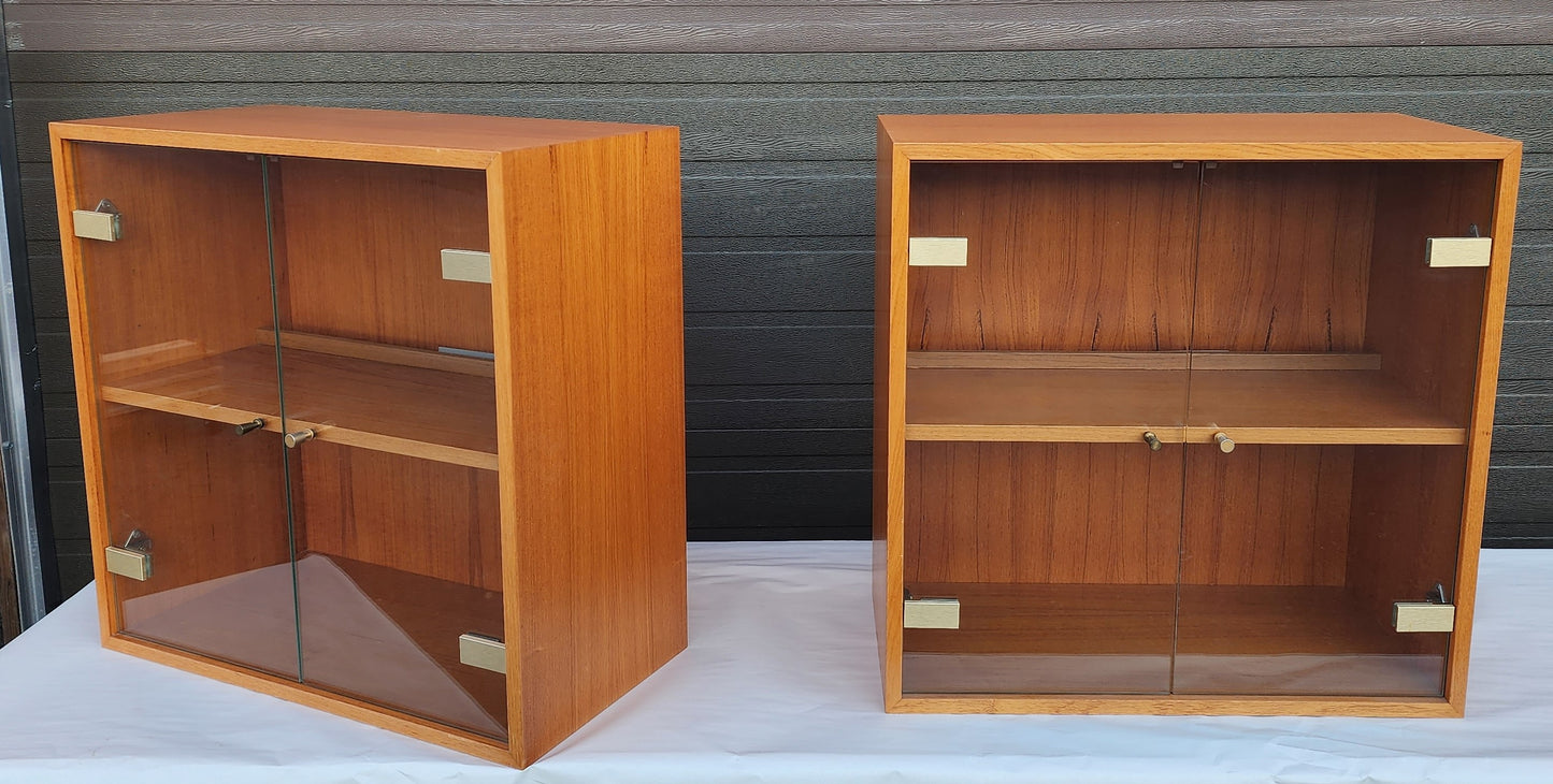 Danish Mid Century Modern Teak Cabinets w Glass Doors & Lighting, Floating, 2 available