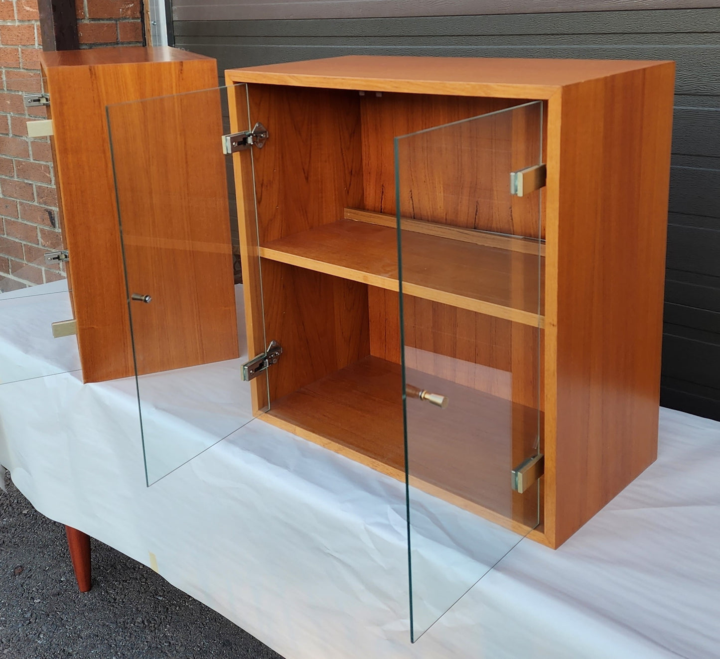 Danish Mid Century Modern Teak Cabinets w Glass Doors & Lighting, Floating, 2 available