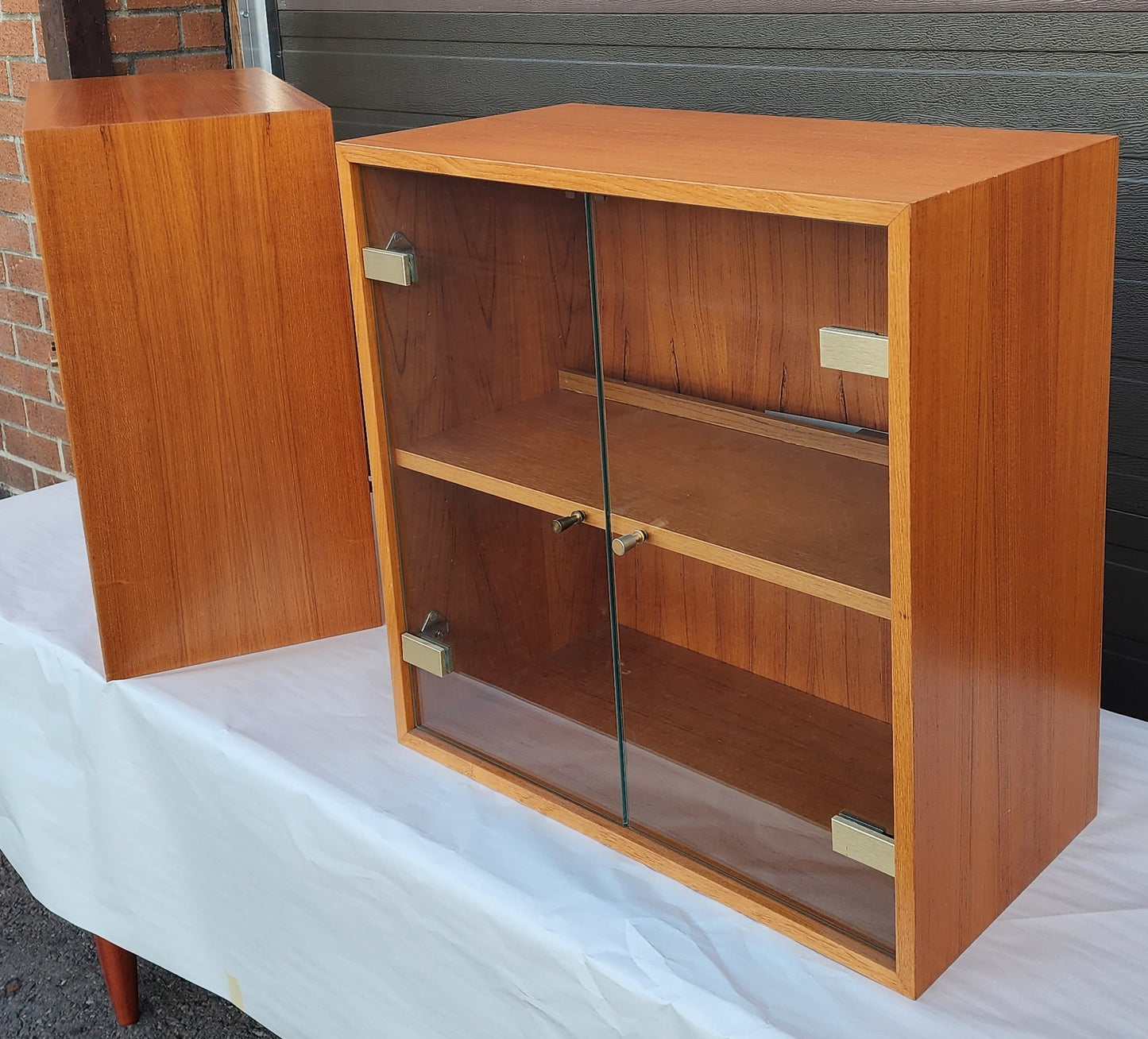 Danish Mid Century Modern Teak Cabinets w Glass Doors & Lighting, Floating, 2 available