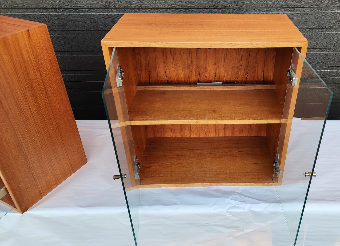 Danish Mid Century Modern Teak Cabinets w Glass Doors & Lighting, Floating, 2 available