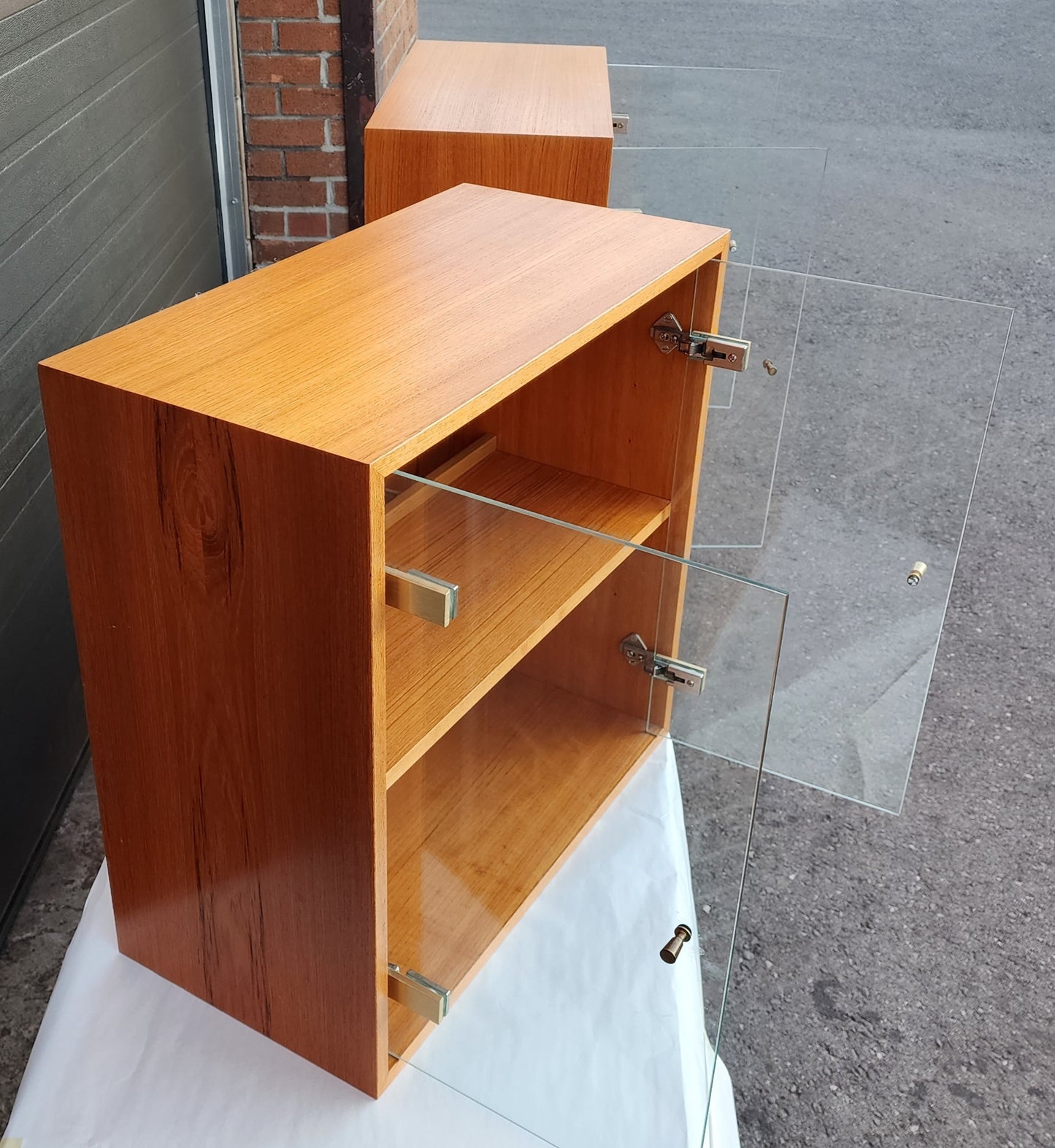 Danish Mid Century Modern Teak Cabinets w Glass Doors & Lighting, Floating, 2 available