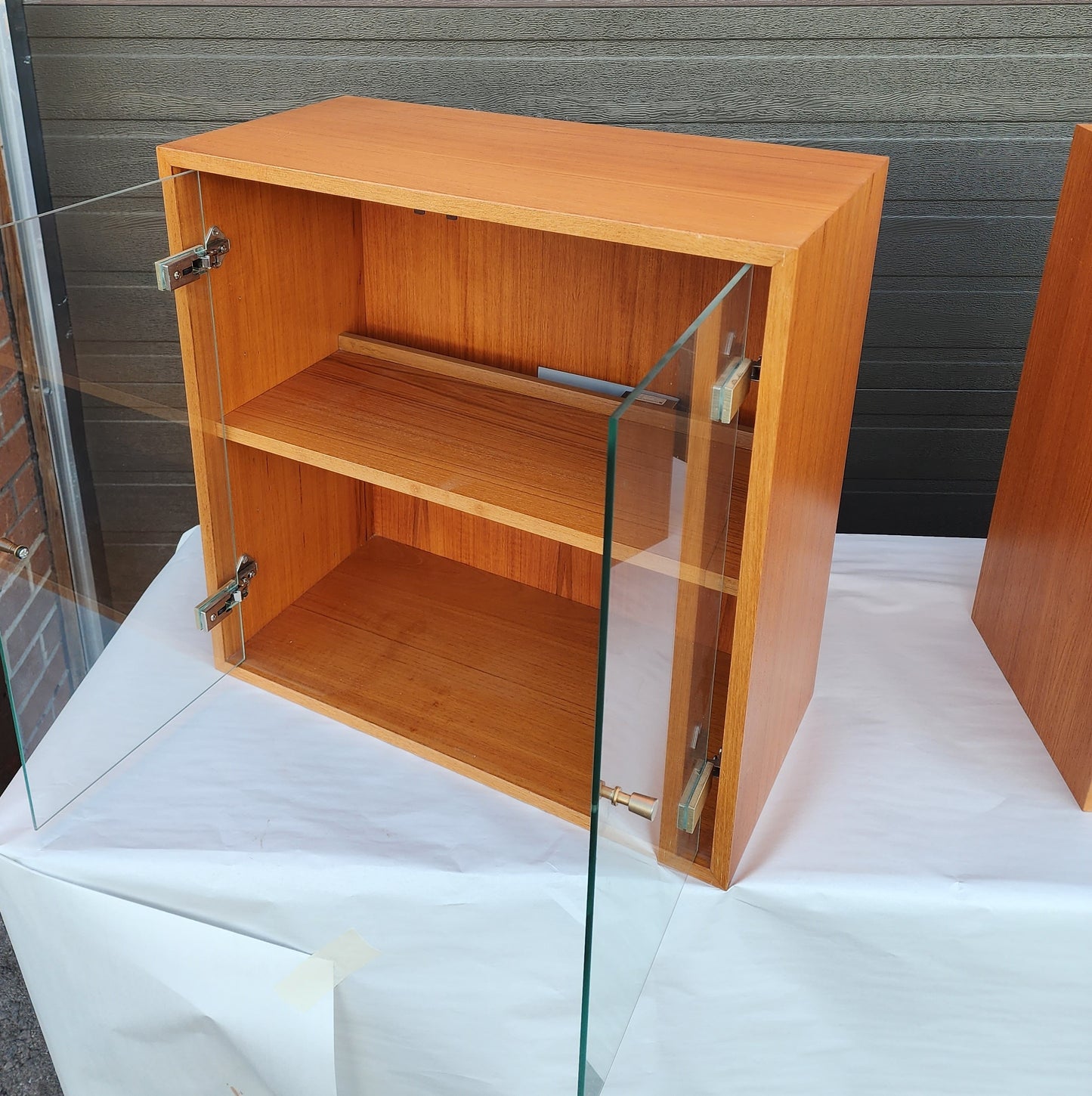 Danish Mid Century Modern Teak Cabinets w Glass Doors & Lighting, Floating, 2 available