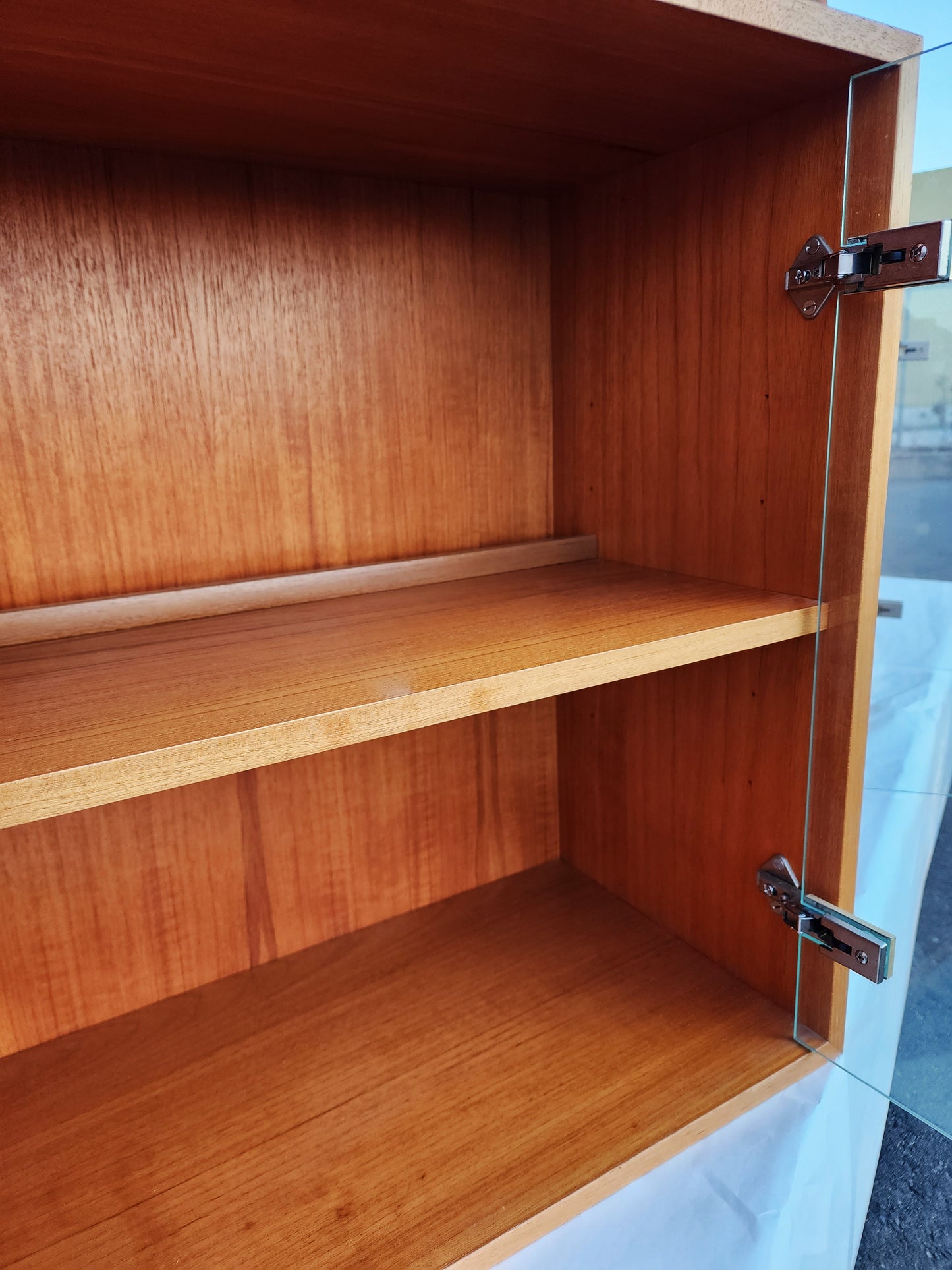 Danish Mid Century Modern Teak Cabinets w Glass Doors & Lighting, Floating, 2 available