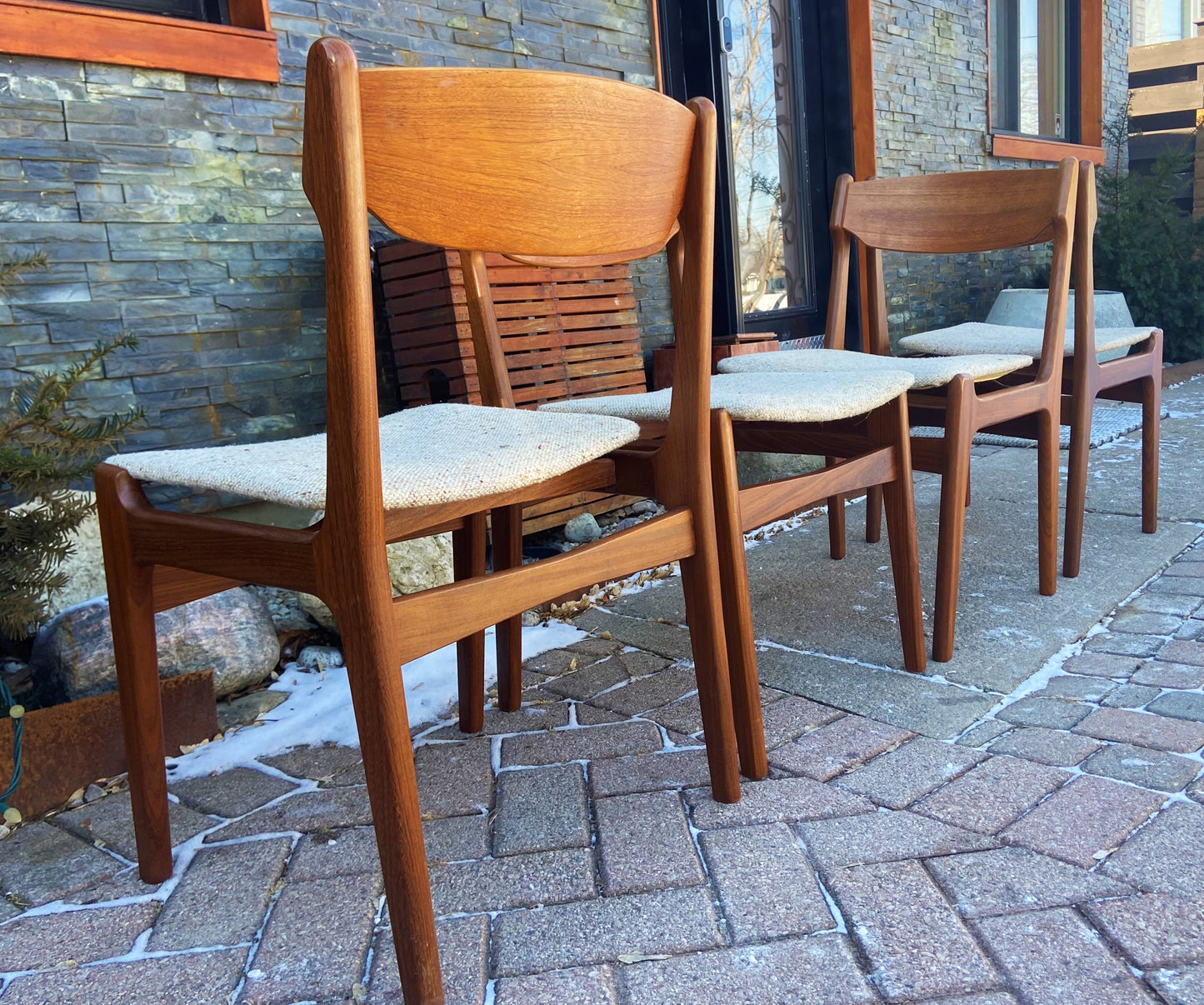 4 REFINISHED Danish MCM Teak Chairs by Erik Buch, will be REUPHOLSTERED