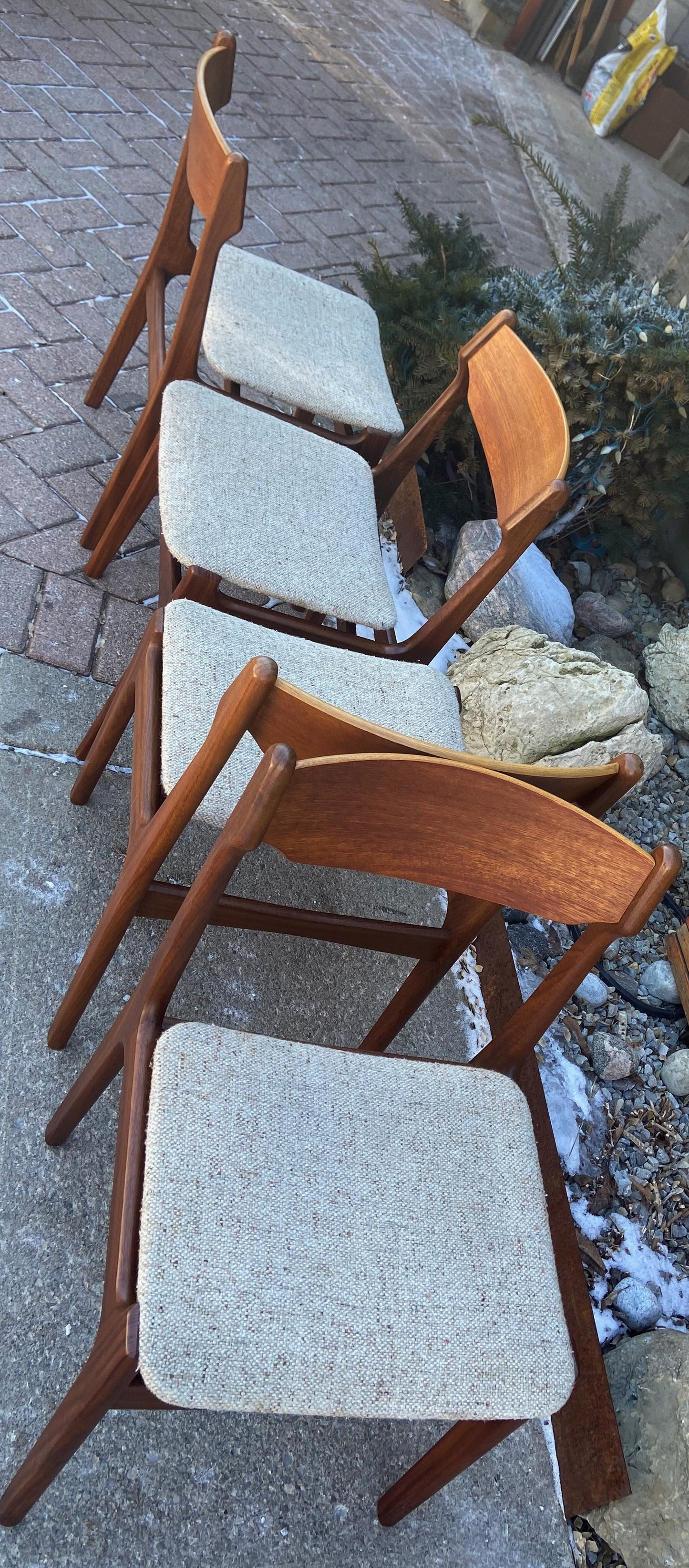 4 REFINISHED Danish MCM Teak Chairs by Erik Buch, will be REUPHOLSTERED