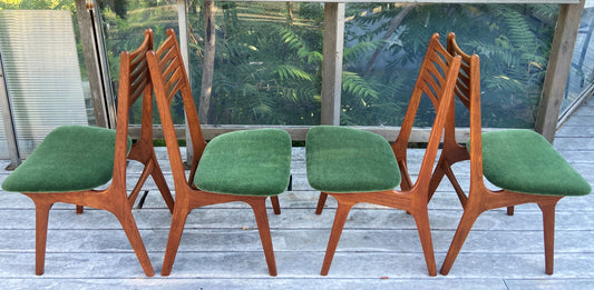 4 REFINISHED REUPHOLSTERED Danish MCM Teak Chairs, wool mohair seats