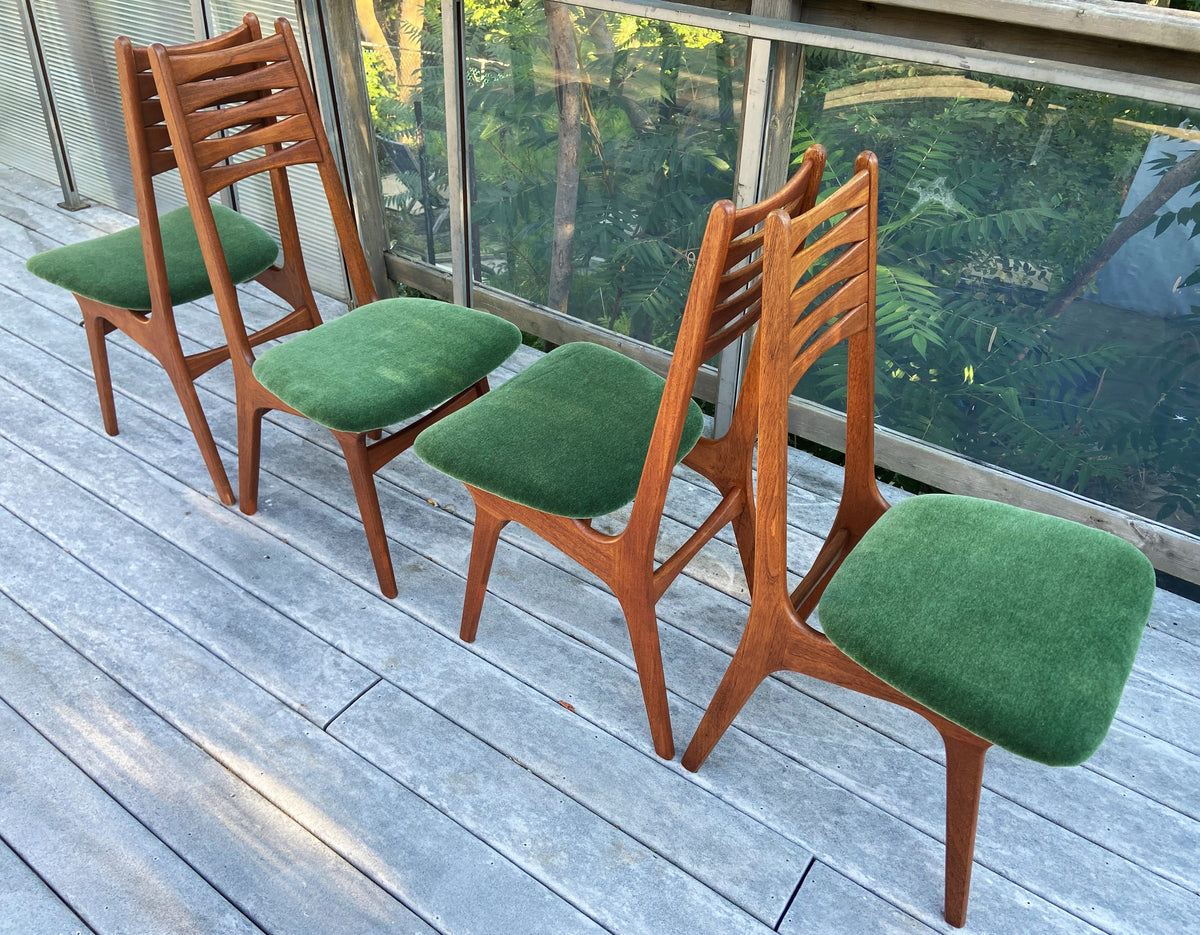 4 REFINISHED REUPHOLSTERED Danish MCM Teak Chairs, wool mohair seats