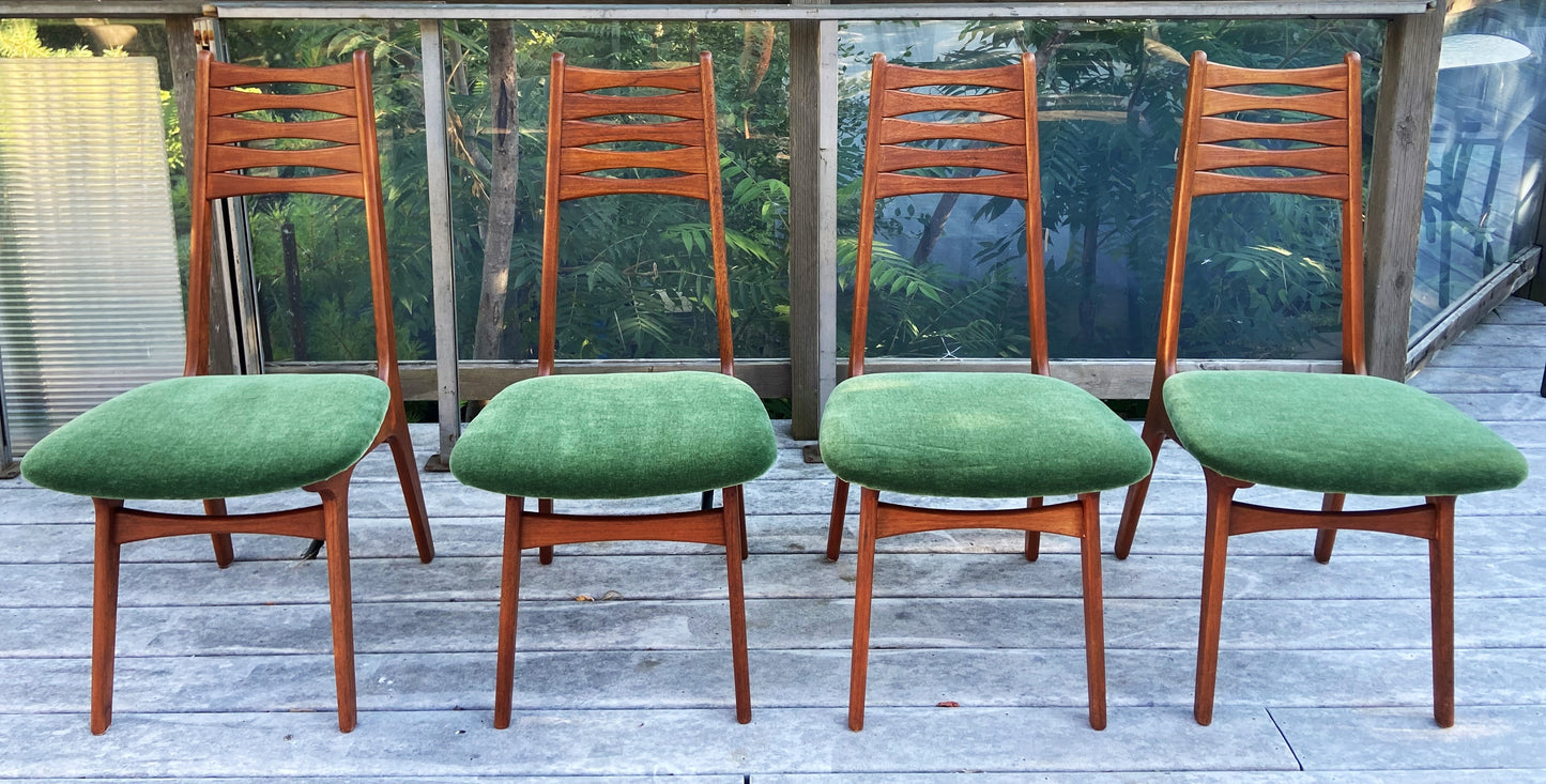 4 REFINISHED REUPHOLSTERED Danish MCM Teak Chairs, wool mohair seats