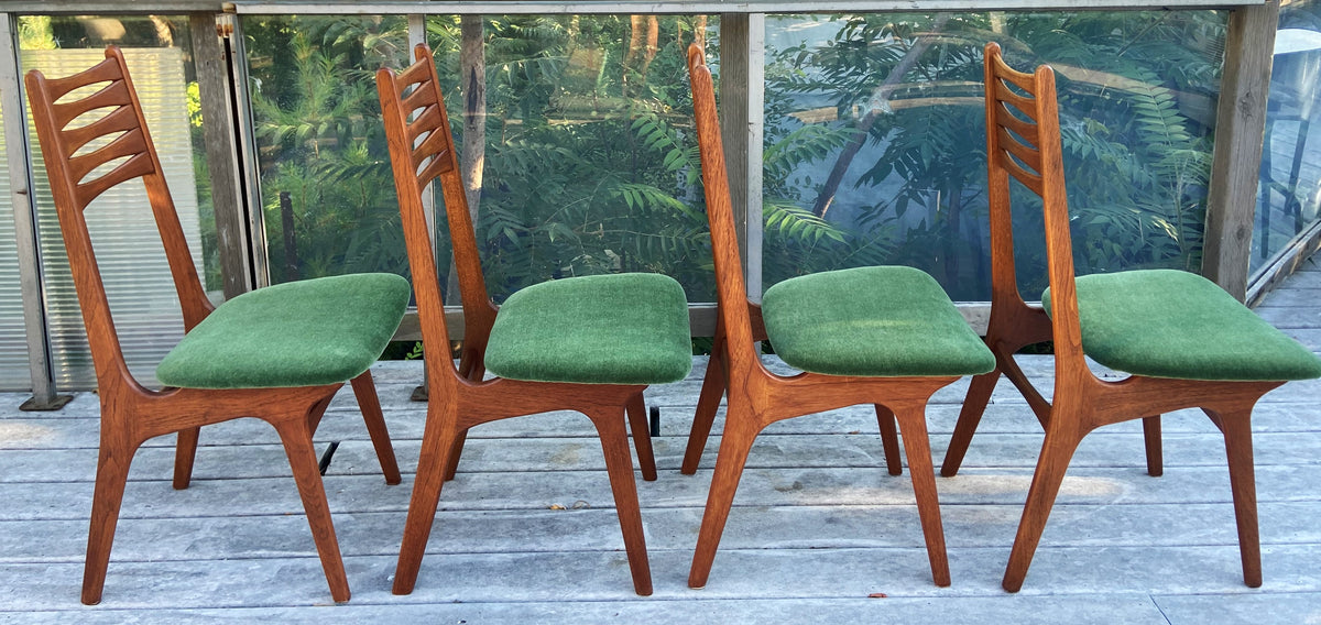 4 REFINISHED REUPHOLSTERED Danish MCM Teak Chairs, wool mohair seats