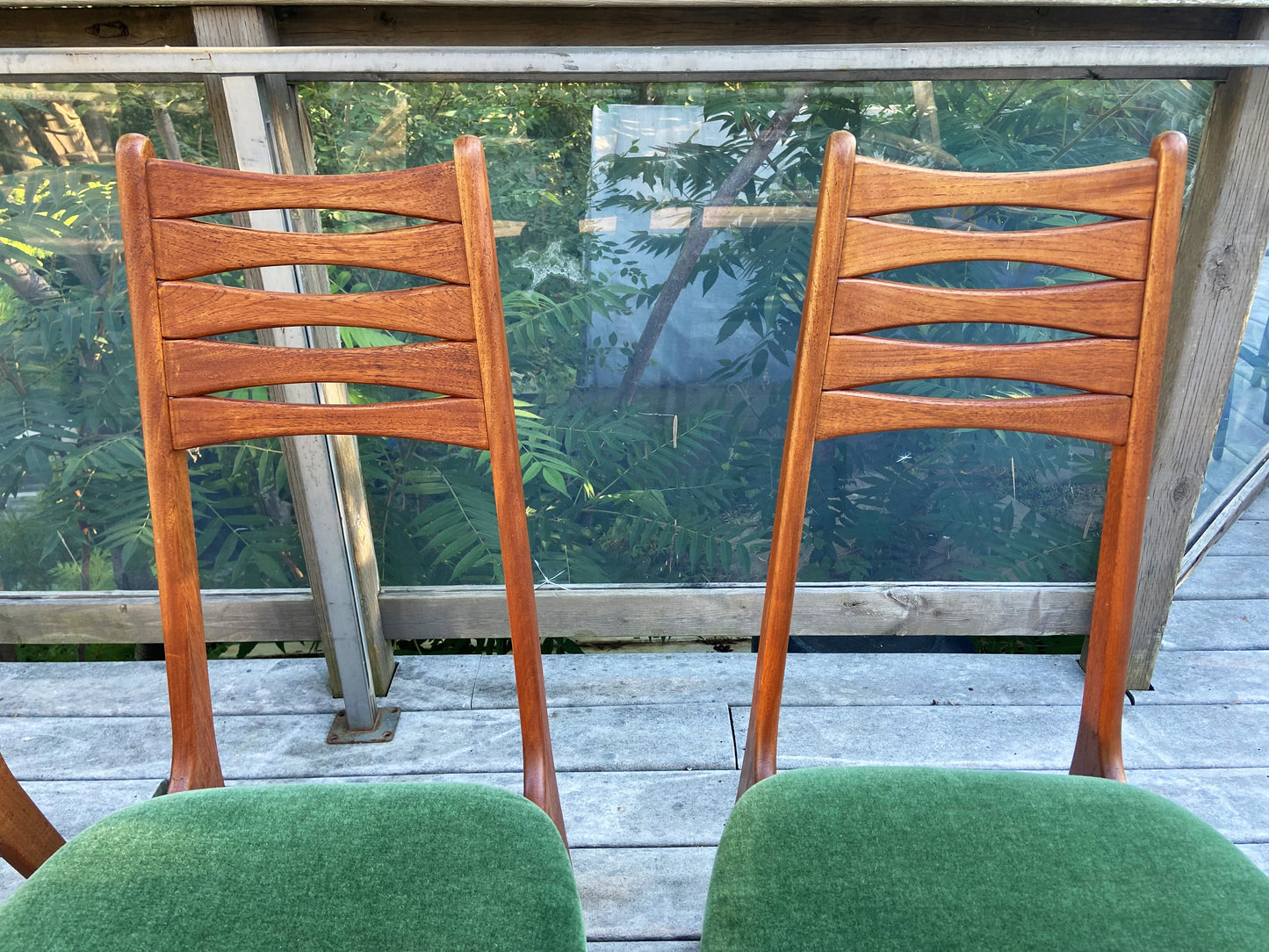 4 REFINISHED REUPHOLSTERED Danish MCM Teak Chairs, wool mohair seats