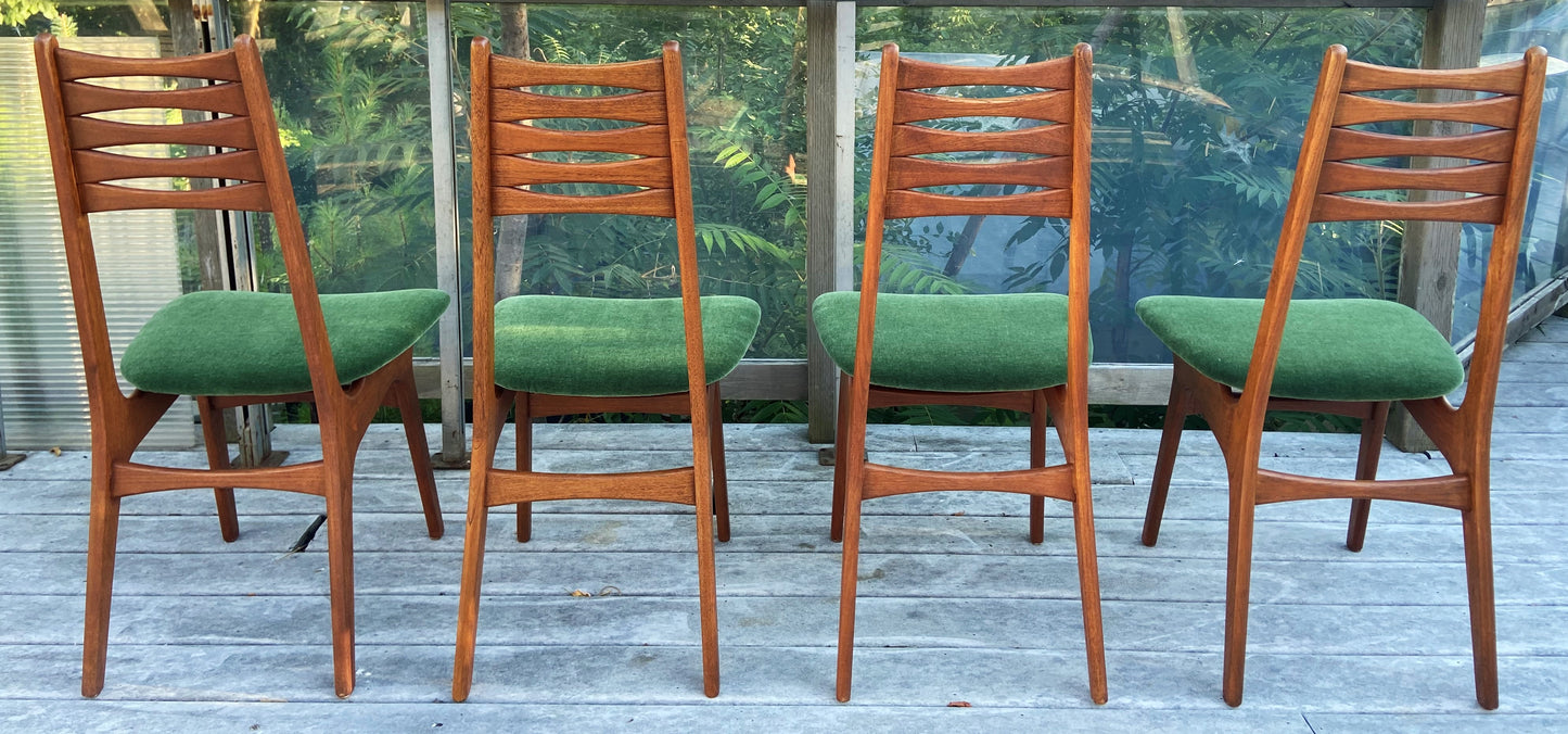 4 REFINISHED REUPHOLSTERED Danish MCM Teak Chairs, wool mohair seats