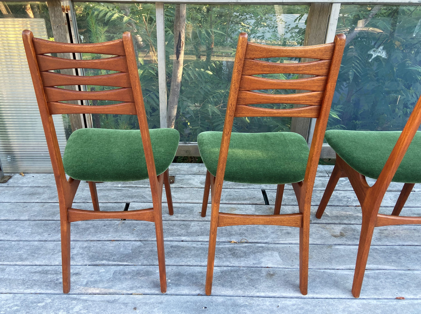 4 REFINISHED REUPHOLSTERED Danish MCM Teak Chairs, wool mohair seats