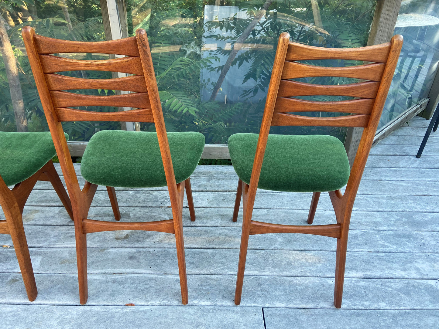 4 REFINISHED REUPHOLSTERED Danish MCM Teak Chairs, wool mohair seats