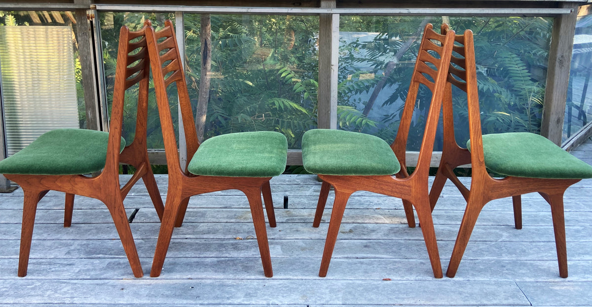 4 REFINISHED REUPHOLSTERED Danish MCM Teak Chairs, wool mohair seats