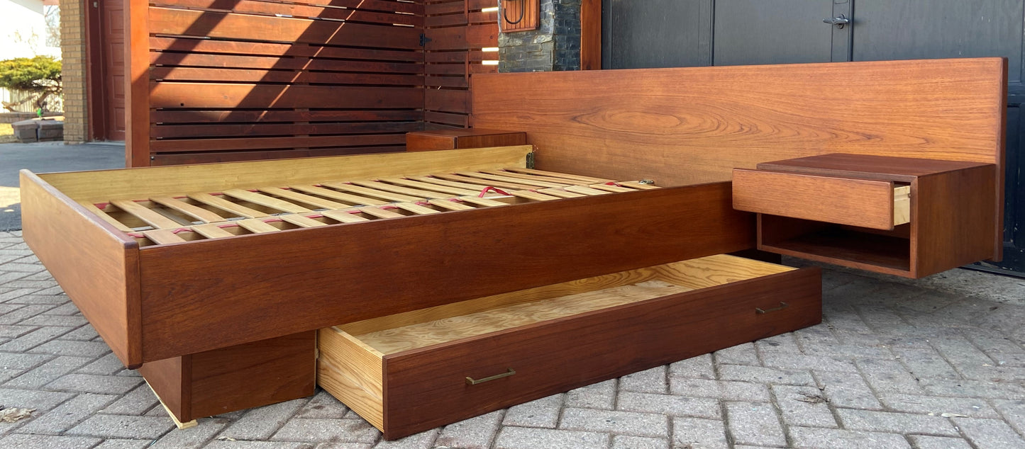 REFINISHED Danish Queen MCM Teak Platform Bed w floating nightstands & storage drawer, PERFECT