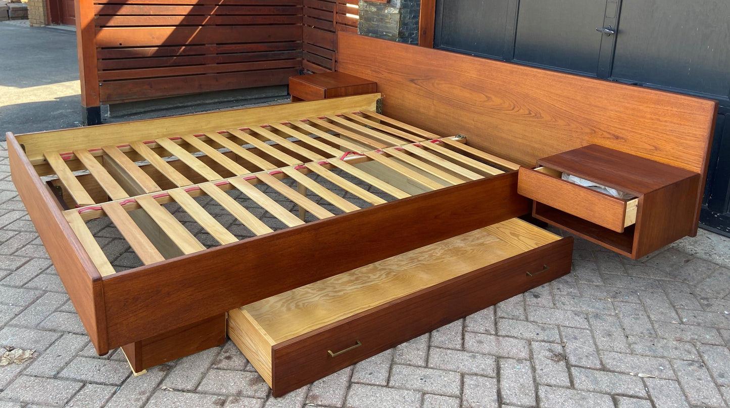 REFINISHED Danish Queen MCM Teak Platform Bed w floating nightstands & storage drawer, PERFECT