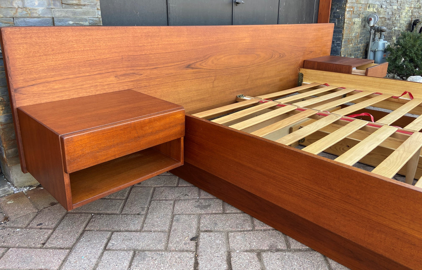 REFINISHED Danish Queen MCM Teak Platform Bed w floating nightstands & storage drawer, PERFECT