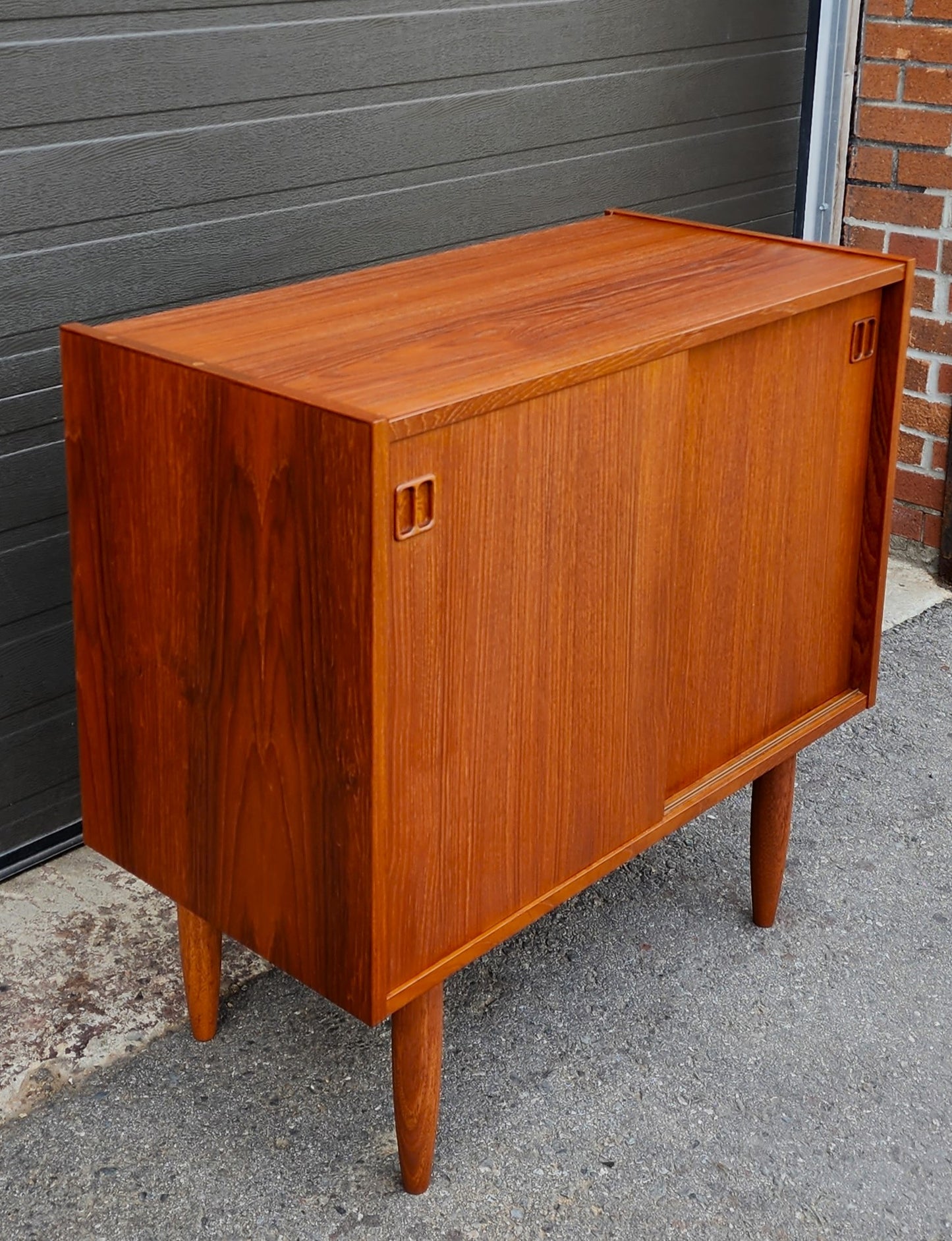 REFINISHED Danish Mid Century Modern Teak Cabinet w Sliding Doors 34"