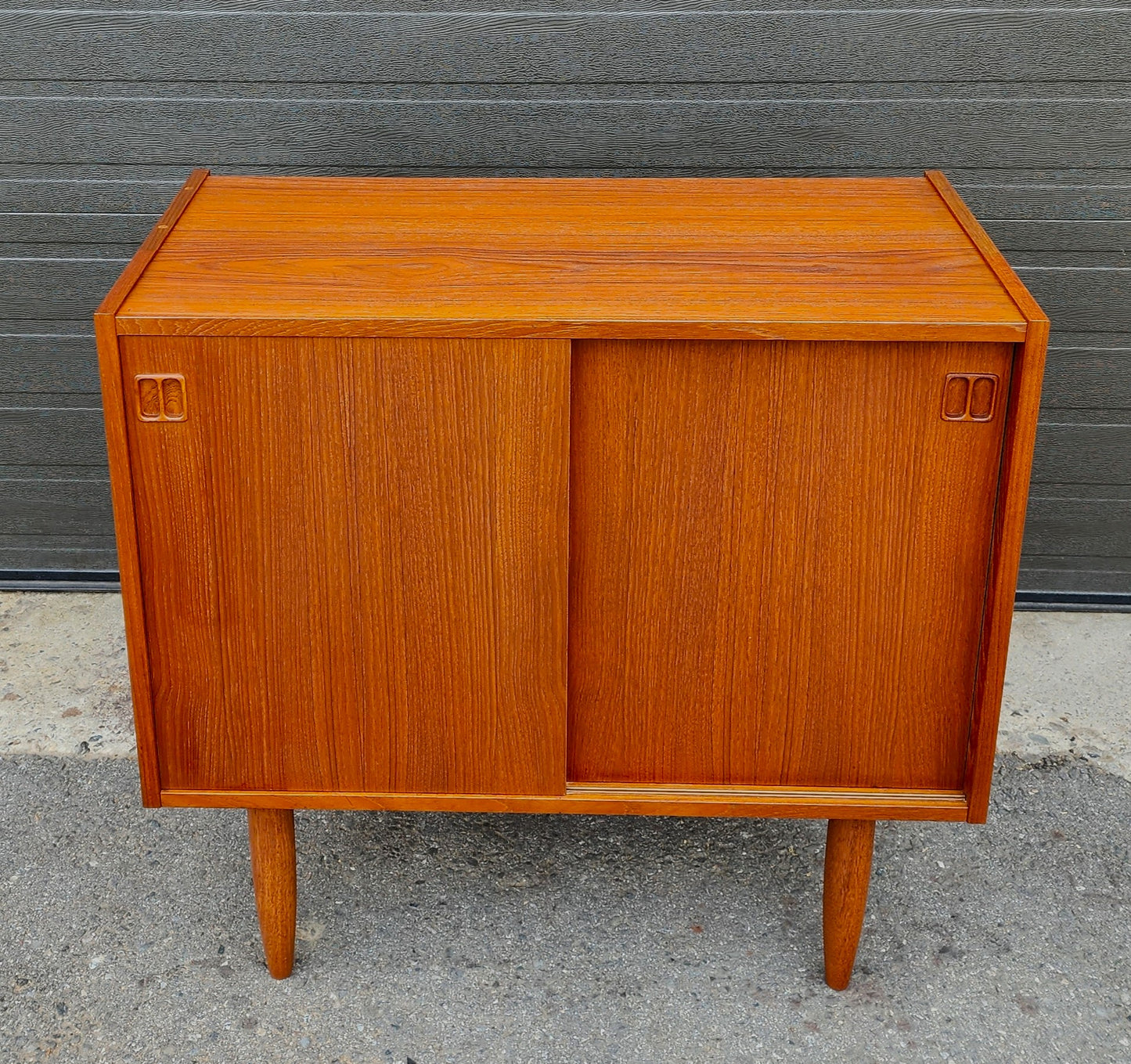 REFINISHED Danish Mid Century Modern Teak Cabinet w Sliding Doors 34"