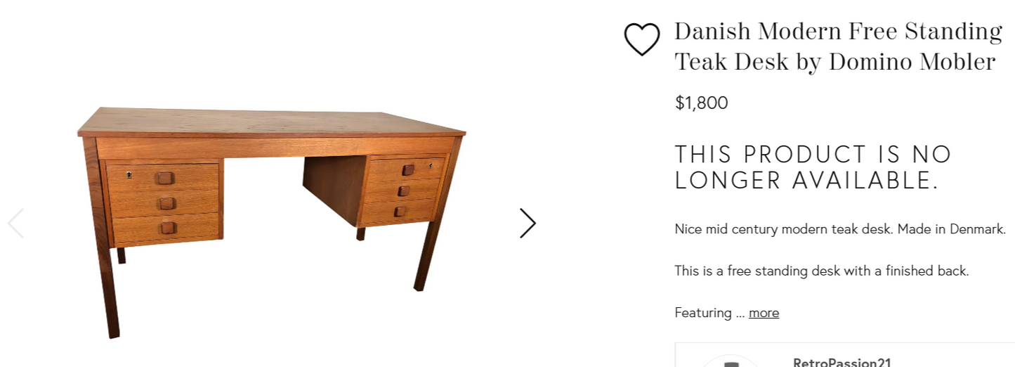 REFINISHED Danish Mid Century Modern Teak Desk Free Standing