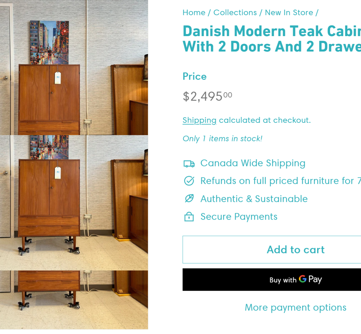 REFINISHED Mid Century Modern Teak Compact Wardrobe or Tall Dresser