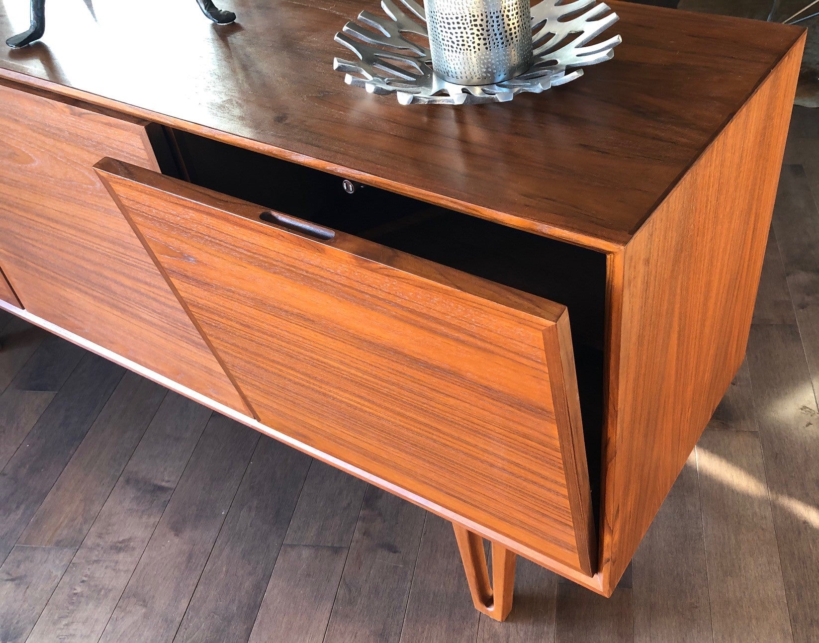 Danish MCM Teak Buffet Bar Ib Kofod-Larsen style 63", 3 doors with hidden handles, perfect - Mid Century Modern Toronto